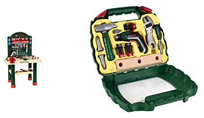 Theo Klein 8461 Bosch Workshop | Arbeitsplatte in Holzoptik mit Lernfunktion und Nagelspiel & 8394 Bosch Ixolino Koffer | Mit Hammer, Schraubenschlüssel | Batteriebetriebener Akkuschrauber Ixolino