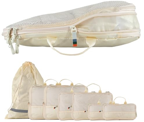 TRAVEL DUDE Reise-Organizer | Gepäck Kompressionstasche | aus recycelten Plastikflaschen | Packing Cubes | Kofferaufbewahrung | Reisetaschen für Rucksack | 7-teilig, Beige