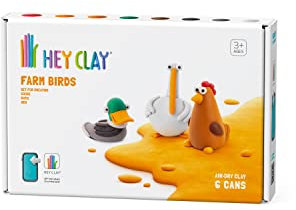 Hey Clay Bauernhofvögel: Ente, Gans, Henne Set – bunte Modellierung Kinder – lufttrocknender Ton Kit 6 Dosen mit lustiger interaktiver Anleitung App