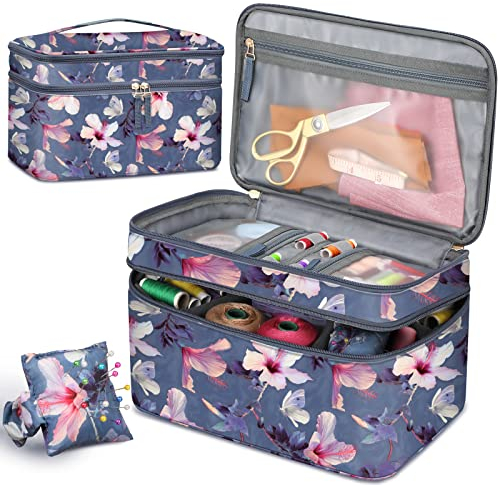 FINPAC Borsa per Kit da Cucito, Custodia da Cucito Grande con Tracolla, Borsa Accessori Cucito per Aghi, Filo, Forbici e Altri Accessori da Cucito, Blooming Hibiscus