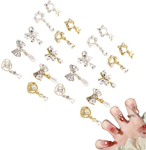 Luxury Nail Charms, 20 Pcs Shiny Alloy Butterfly Bow Dangle Nail Art Charms Gold Silver Nail Jewelry Nail Rhinestones for Nail Art Decorations DIY Craft