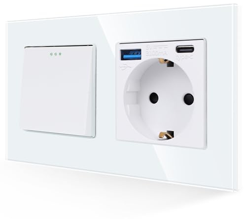 JIMEIDA Lichtschalter mit USB Steckdose Weiß, USB A und Typ C Port max.3.1A,1 Fach 1 Weg mit Glas Platte, Modernem Kristall Wippschalter Wandschalter,10 Amp, 250 V