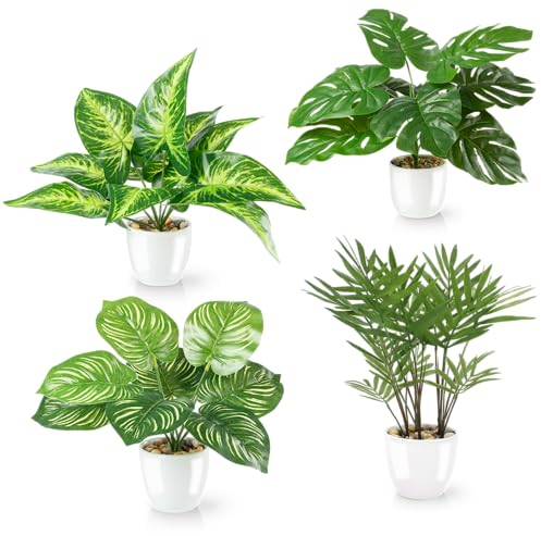 PASCH® Lot de 4 plantes tropicales artificielles comme de vraies plantes (25 cm) dans des pots en céramique blanche : entre autres Monstera artificiel & Palmier artificiel Areca | Plantes