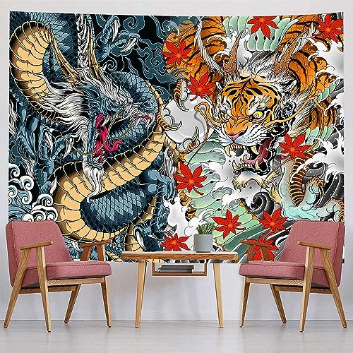 NTERC GTDJRC0058 Tapisserie japonaise Dragon et Tigre Feuille d'érable Oriental Fantasy Mythologie Animal Tenture murale 152,4 x 129,5 cm Couverture murale esthétique Décoration de salon chambre à