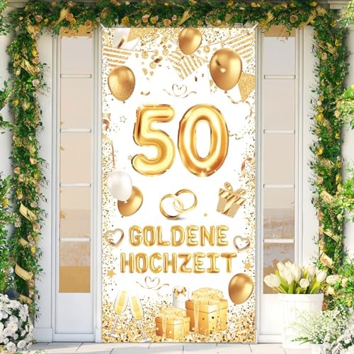 50. Goldene Hochzeit Dekoration Weiß Gold - Hochzeitstag Banner für Innen Außen - Tür Banner 72.5 * 35.4 Zoll