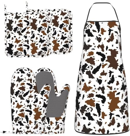 DONMYER Kuhdruck Ofenhandschuhe und Topflappen mit Schürze 5er Set Silikon Rindsleder Braun Milch Kuh Druck Küchenhandschuhe und rutschfeste Topflappen Schürze Set Hitzebeständige Ofenhandschuhe Hot