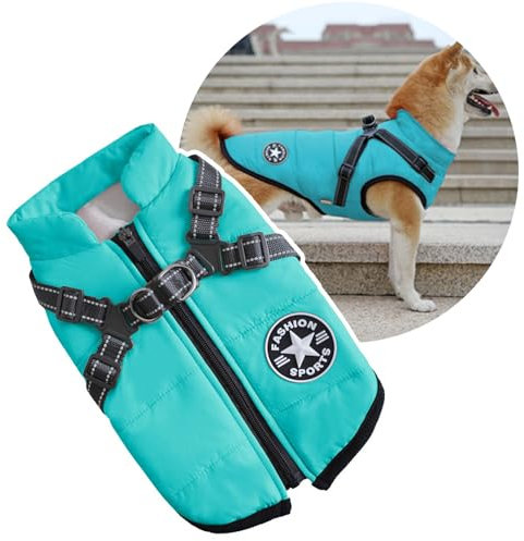 2-in-1-Hundejacke mit Geschirr für große Hunde, Outdoor-Hunde-Sportweste, warmer Haustier- Wintermantel für große Hunde, Türkis