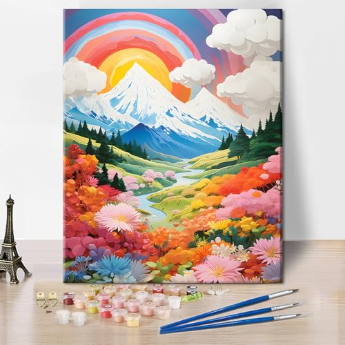 TISHIRON Malen nach Zahlen Erwachsene Natur Landschaft Malen nach Zahlen Kits auf Leinwand Regenbogen Berg Blumen Öl Handmalerei mit Pinseln Kunsthandwerk 40 x 50 cm(rahmenlos)