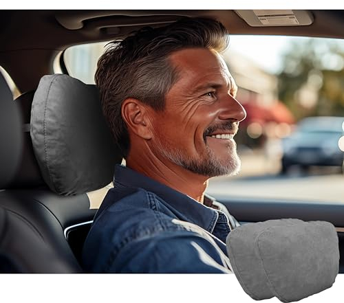POKSRI nackenkissen Auto,kopfstütze Auto nackenstütze,Superfiber Wildleder Unterstützung Kissen,Pflanzenbasiertes Polyester,30x19cm Nachfüllbar&Verstellbar Fahrzeug(grau, Auto-Nackenkissen 2ps)
