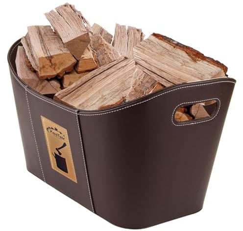 Holzkorb - Brennholzkorb - Kaminholzkorb - Kaminholztasche aus hochwertigem Kunstleder in Schwarz und Braun 53 x 35 x 31 cm (Braun)
