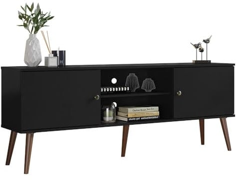 Madesa Mobile porta TV Mid-Century con 2 ante e 2 ripiani e manopole in metallo per console multimediali da 55 e 65 pollici, mobile in legno, nero