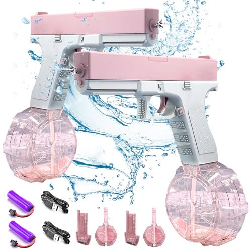 2PCS Electric Water Pistol Guns for Adults & Kids, Up to 32 FT Range, Automatic Water Gun Toy with Rechargeable Battery, 434CC+58CC Water Blaster Electric Water Guns Summer Toys (2 Pink)