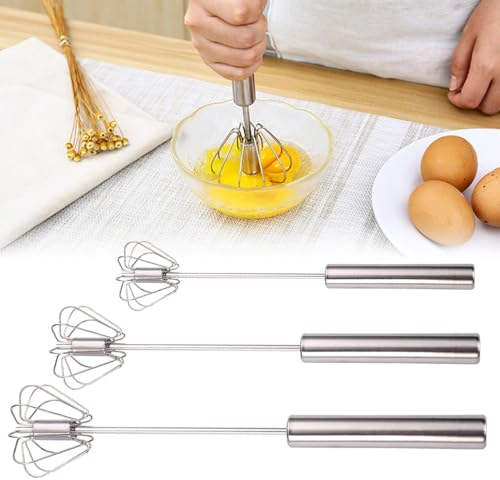 Halbautomatischer Schneebesen aus Edelstahl, Schneebesen Edelstahl, Stainless Steel Hand Push Easy Whisk Drehbarer Push Mixer Rührer zum Schneebesen, Schlagen, Rühren(Dreiteiliges Set)