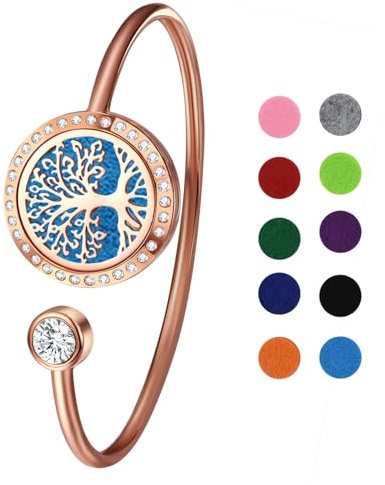 Cupimatch Diffusor-Armband für ätherische Öle: Baum des Lebens, Edelstahl, Aromatherapie-Armbänder, verstellbar, mit 10 farbigen Pads, Schmuck-Geschenk-Set für Frauen zum Muttertag