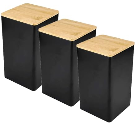 NASSMOSSE Lot de 3 boîtes de rangement noires pour thé, café et sucre, résistantes à l'humidité, avec couvercles en bois, pour thé, café, sucre, pour comptoir de cuisine, usage quotidien