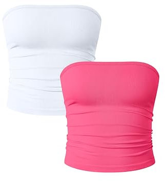 OQQ Damen Tube Tops 2er Pack Ohne Ärmel Slim Fit Camilose Top Cropped Oberteil Tank Top für Damen Rosa Weiß