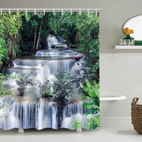FAIRYGATE Shower Curtains Mould Proof Resistant Waterfall Shower Curtain Tropical Forest Green Leaves Plant Falling Water Flower Plant Lake Nature Landscape Home Bathroom Curtains B8521