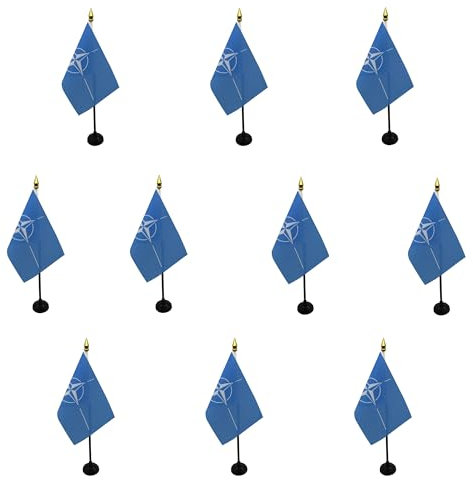 AZ FLAG - Set mit 10 Mini-Tischflaggen, NATO-Flagge, 15 x 10 cm, 10 NATO-Flaggen, 100% Polyester, mit Goldstichstange