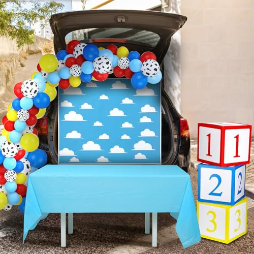 WinnerWhy 56 Pcs Halloween Trunk or Treat Car Decoration Kit Toy Inspired Story Balloon, Banner, Tablecloth, Balloon Box, Cartoon Story Trunk Decor for Halloween Outdoor Garage Door Arch Party Supply