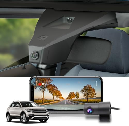 Fitcamx Dashcam Vorne Hinten 2160P+1080P kompatibel mit VW T-Cross 2018-2025, Dashcam 4K UHD Video WiFi, G-Sensor, Loop-Aufnahm, OEM Volkswagen Zubehör, WDR Autokamera, Plug & Play, 128GB-Karte