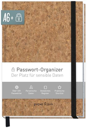 paper&you® Passwortbuch A6+ mit Register A-Z Kork für 320 Zugangsdaten, Passwort-Manager klein, Passwort Buch deutsch - nachhaltig & klimafreundlich