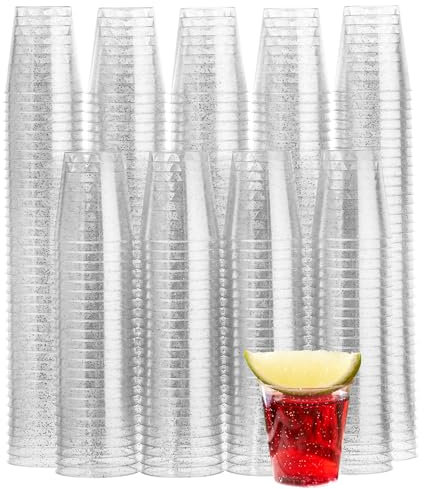 MATANA 300 Schnapsgläser aus Plastik mit Silberglitzer, 3cl - Pinnchen Kunststoff, Shotgläser, Shot Becher, Schnapsbecher, Plastikbecher - Party Zubehör - Stabil & Mehrweg