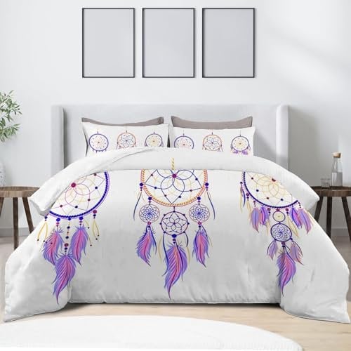 King Size Duvet Cover Sets, Dream Catcher,Feather Pattern, Bedding King Size Duvet Cover, King Size Quilt Cover with Zip Fastening, Brushed Microfiber 3 Bedding Set, White, Purple