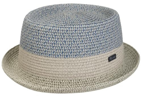 Lipodo Ennario Pork Pie Strohhut Klassischer Schnitt Made in Italy Herren Frühjahr Sommer blau-grau L (58-59 cm)