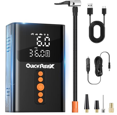 QuickRiseX Compresseur d'air portable 160 PSI | Corps en acier inoxydable, gonfleur de pneu rechargeable, voiture, vélo, équipement de sport, gonfleur de matelas pneumatique