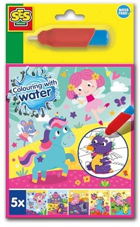 SES Creative 00133 Colour with Water Fantasy Book - Mess-Free Creative Play for Kids Aged 3+ - Includes 5 Reusable Pages and Refillable Water Brush - Explore Magical Fantasy Scenes