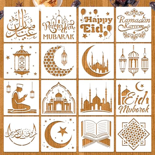 HOWAF 16 Stück Ramadan Mubarak Schablonen Eid Mubarak Dekoration, Ramadan Deko Malschablonen Wiederverwendbare Plastikschablonen Schablonen Malen DIY für Fenster Eid Deko Ramazan Dekor