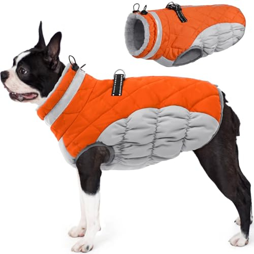 AOFITEE Small Dog Coat Winter Dog Jacket for Small Dogs Reflective Dog Coat | Turtleneck Warm Dog Jacket with Harness Built in, Waterproof Windproof Pet Fleece Vest Snow Jacket for Cold Weather, Orange S