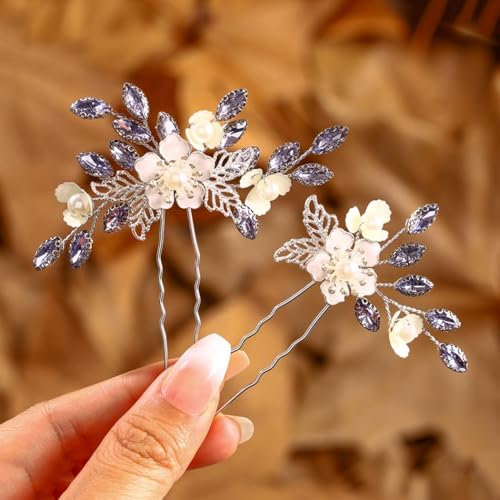 IYOU Blume Hochzeit Haarnadeln Lila Kristall Braut Haarspange Blätter Abschlussball Brautjungfer Haarschmuck für Damen(2 Stück)