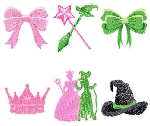 6 Pcs Pink and Green Witch Iron On Patches Magical Wand Witch Hat Crown Bow Sew on Repair Embroidered Applique Cartoon Movie Character Princess DIY Crafts Decor for Girls Women Clothes Backpack Hat