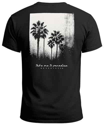 Neverless® Herren T-Shirt Backprint Sommer-Shirt mit Palmen Rückendruck & Vintage Grafik – Kurzarm Baumwollshirt im California Style Fashion Streetstyle Schwarz XL
