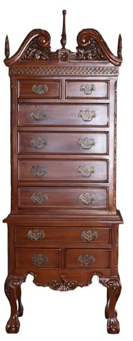 PALAZZO INT Englische Hochkommode Tallboy – Massives Mahagoni im Kolonialstil mit 9 Schubladen & kunstvollen Schnitzereien, 175 cm H × 64 cm B × 32 cm T, handgefertigtes Unikat