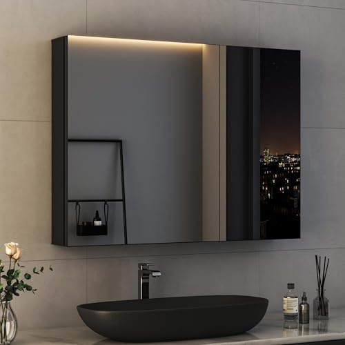 Hopibath Spiegelschrank Bad 80x60cm Spiegelschrank Schwarz mit Innenspiegel Metall Badezimmerschrank mit Spiegel + Verstellbare Glasablage