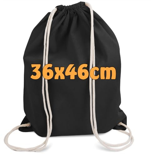 Cottonbagjoe Baumwollrucksack 36x46 cm – Turnbeutel mit Kordelzug, 100% Baumwolle 140 g/m², stabil mit Metallösen, leichter Sportbeutel für Alltag, Gym, Schule, Reisen (100, Schwarz)
