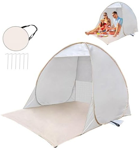 Pop Up Strandmuschel mit UV 50+ Schutz, 2-3 Personen Sonnenschutz Wasserdichtes Strandzelt, Tragbarer Wurfzelt Strand Muschel koffertauglich kleines Packmaß für Strand Garten Camping (Cremeweiß)
