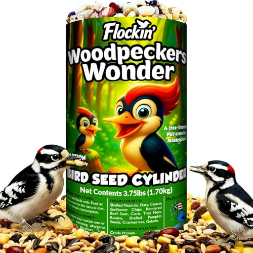 Specht-Vogelsamenzylinder mit Loch – Premium Spechtfuttermischung mit Sonnenblumen-Chips, Erdnüssen & Talg – Natürlicher energiereicher Vogelsamen, kein Füllstoff, keine Schale, keine Unordnung