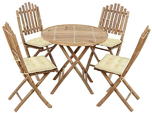 Mandloder 5-TLG. Garten-Essgruppe klappbar aus massivem Bambus, wetterfest, mit bequemen Kissen, ideal für Balkon und Terrasse, 80x70 cm, Creme
