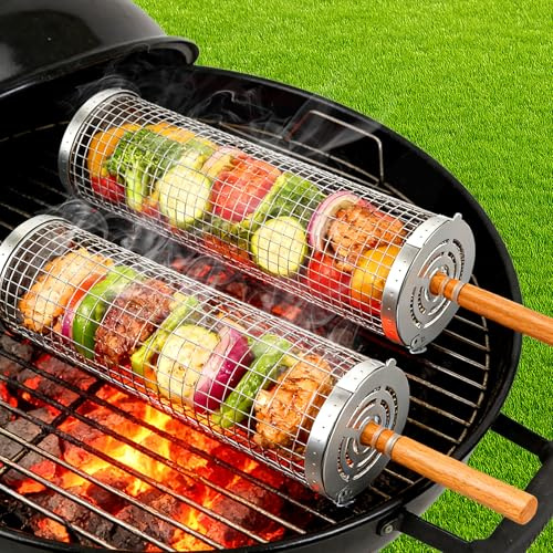 Set di Cestelli per Barbecue in Acciaio Inox con Manico in Legno - 2 Cestelli per Barbecue Girevoli e Pieghevoli, 31x10cm + 30x9cm, per Verdure, Carne, Pesce su Griglia e Fuoco da Campo