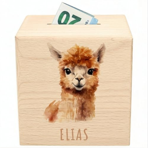 Alpaka Spardose für Kinder personalisiert Sparbox aus Holz Sparschwein mit Schlüssel Taufgeschenk für Jungen Mädchen Holzspardose