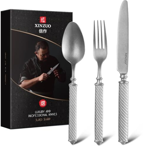 XINZUO Set di Posate 3 Pezzi Acciaio Inox -Stile Opaco Retrò -Manico con Texture Ritorta Vintage -Eleganti Set Servizio Posate con Coltello, Forchetta, Cucchiaio per l'Uso Quotidiano e per Gli ospiti