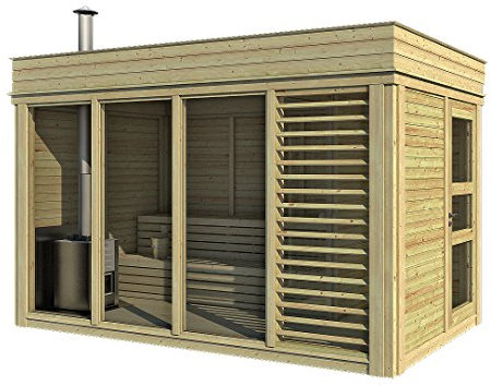 Sauna CUBE finlandese da esterno fino a 10 persone 4x2m con stufa elettrica e spogliatoio, in abete di qualità