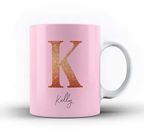 Studio RB Personalised Marble/Pattern Mug. 17. Large Gold Initial and Name on Pink
