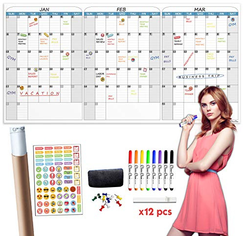 CLEVER CLEAN Large Dry Erase Wall Calendar - 36x72 Undated 3-Month Calendar for Home, School, Office Projects - Jumbo Reusable Task Organizer