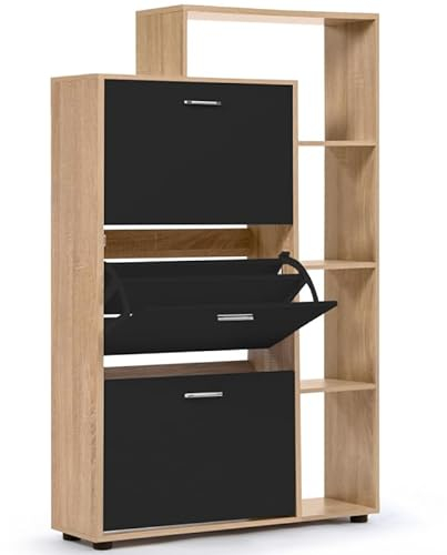 IDMarket - Zapatero de 18 pares KLARK imitación haya 3 puertas negras con estante