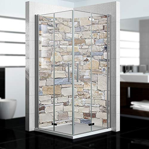dedeco Eck-Duschrückwand wasserfest mit Stein V3 Motiv - 2 x 90x200 cm, als Badrückwand zum Fliesenersatz, als Dekorwand, Wandverkleidung und Duschplatte aus hochwertigem Aluminium - Made in Germany