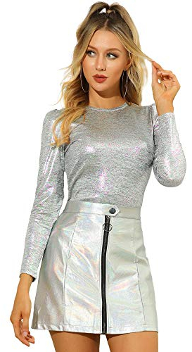Allegra K Damen Bluse Metallic Langarm Party Rundhals Elegant Glitzer Club Oberteil Top Silber M